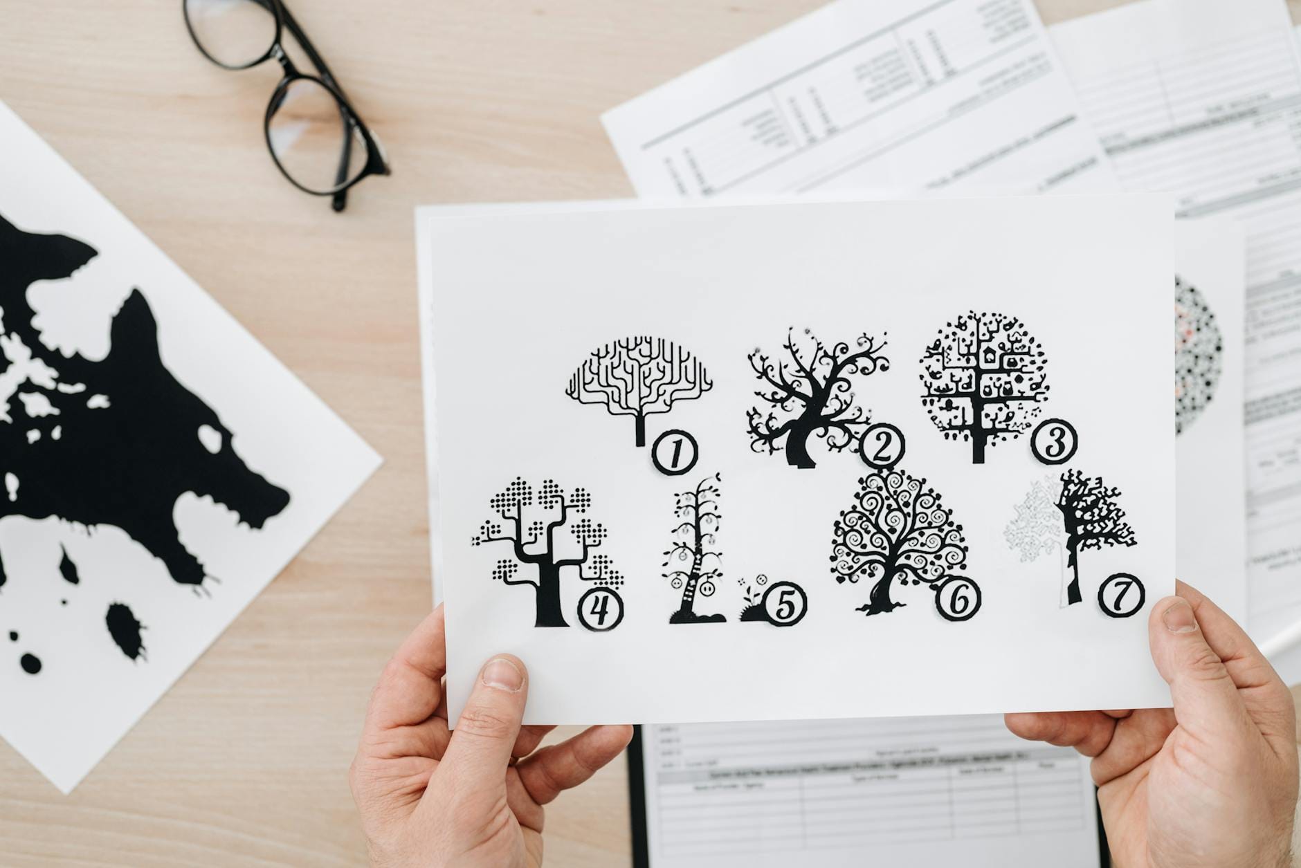 Dłonie trzymają kartkę z testem drzewa podczas badania psychologicznego